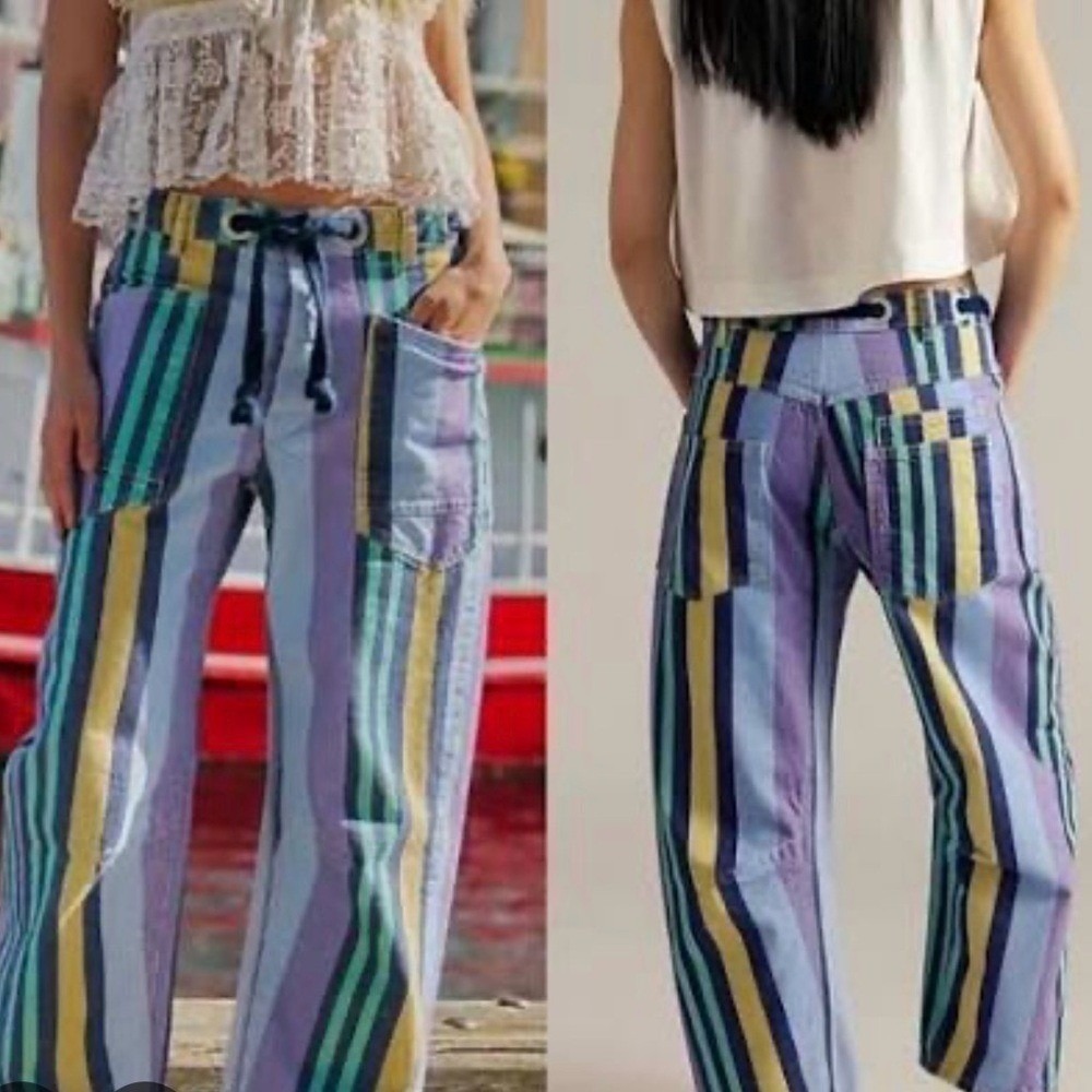 Free People UNICORN Periwinkle Moxie Striped Barrel Jeans size 30 RARE Retired
